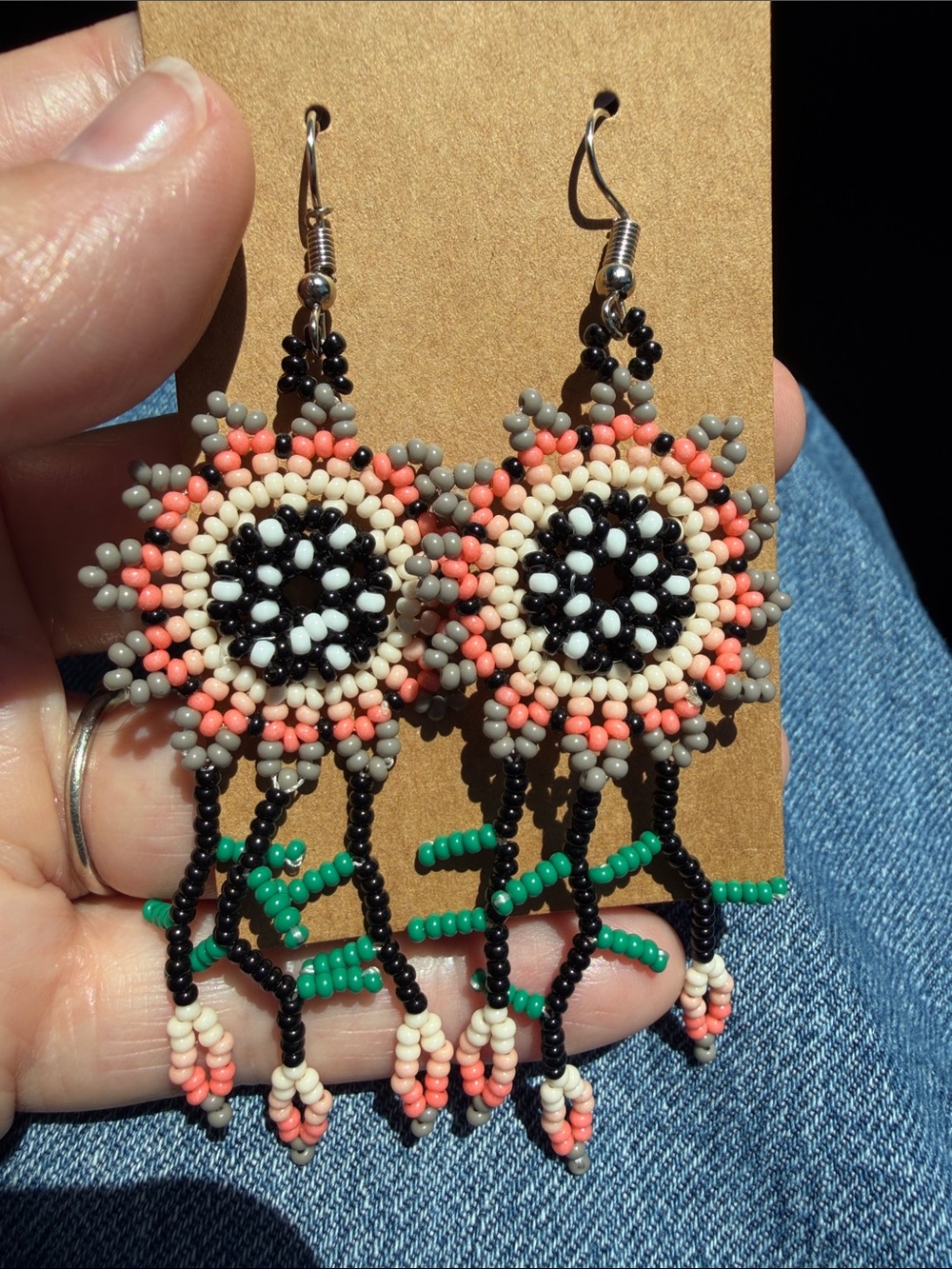 Beaded Sunburst Dangle Earrings in Coral, Black & Green